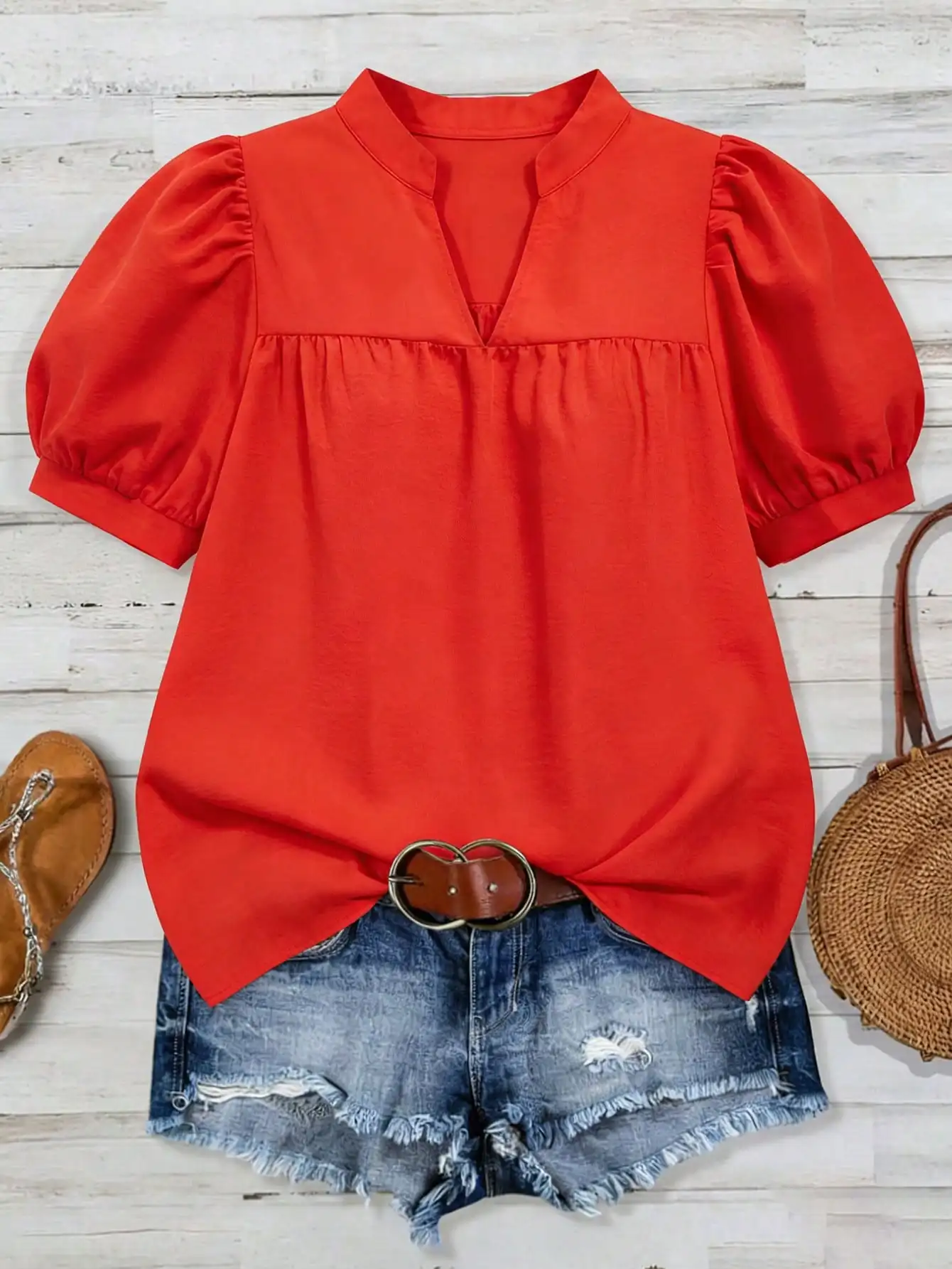 

Женская короткая блузка с воротником-стойкой и пышными рукавами для свиданий, поездок на работу и повседневной носки