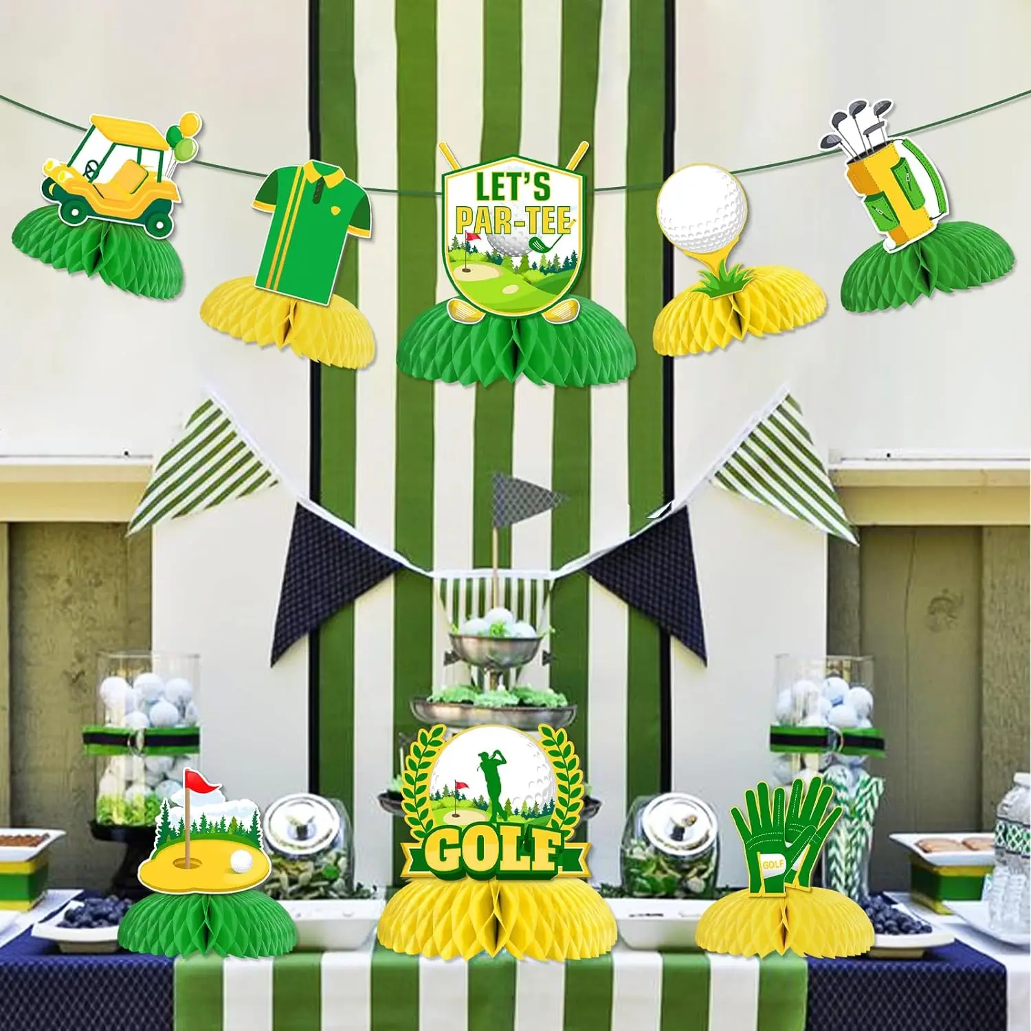 8 PCS Golf Party Table Decor centrotavola a nido d'ape per Table let's Partee Table Toppers forniture per feste di compleanno a tema sportivo