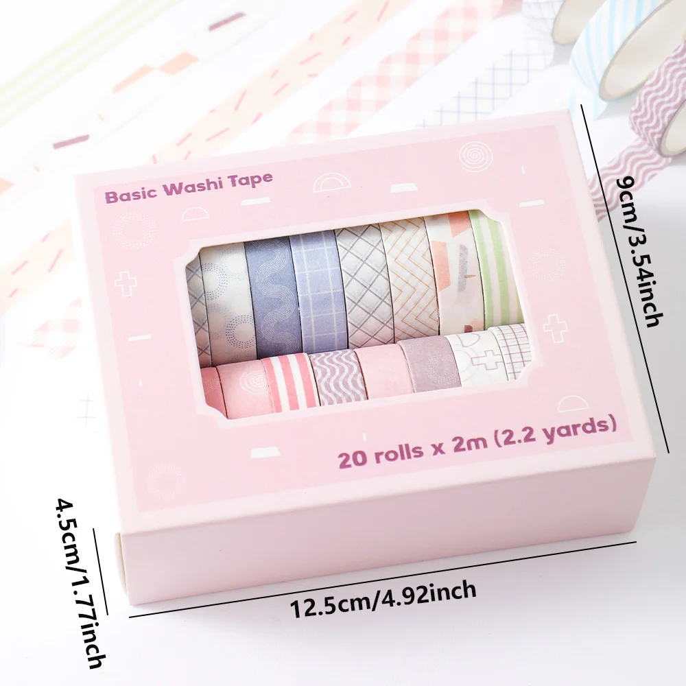 20 Rolls Slim Washi Tape Set 2M Long Colorful Masking Tape For Office Journaling Planners DIY Crafts Scrapbooking Supplies