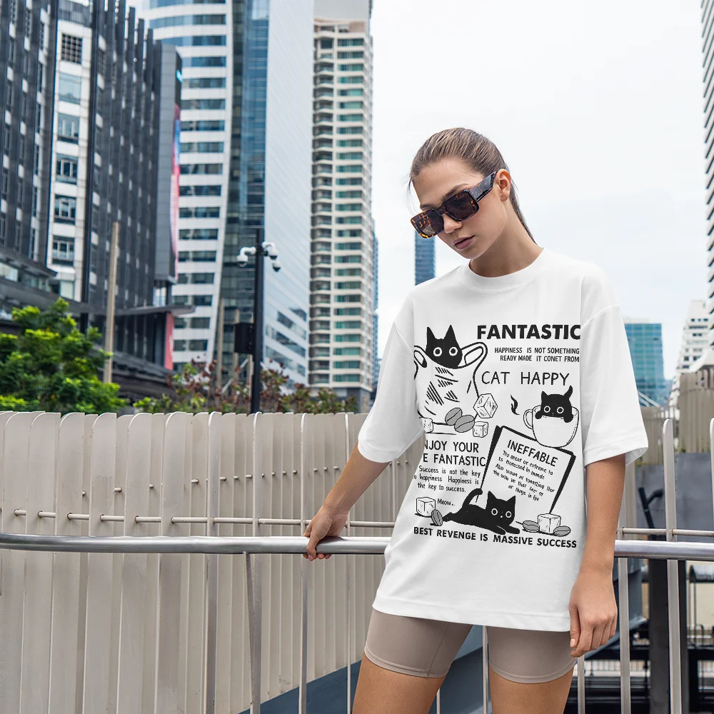 

Fantastic Cat Happy Pattern Printed Women's Round-neck Streetwear, Casual Short-sleeved T-shirt, Top for Women