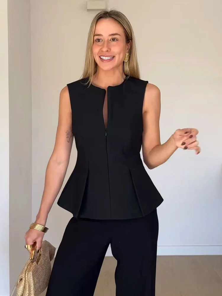 TFMLN 2025 Summer Women Solid Zipper Tops Vintage Causal Sleeveless O Neck Tank T Shirt Fashion Pleated Vest High Street Top