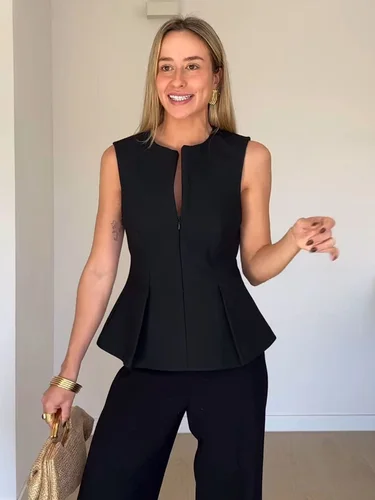 Imagen 2 del producto TFMLN 2025, Tops lisos con cremallera para mujer, camiseta sin mangas informal Vintage sin mangas con cuello redondo, chaleco plisado a la moda, Top de calle