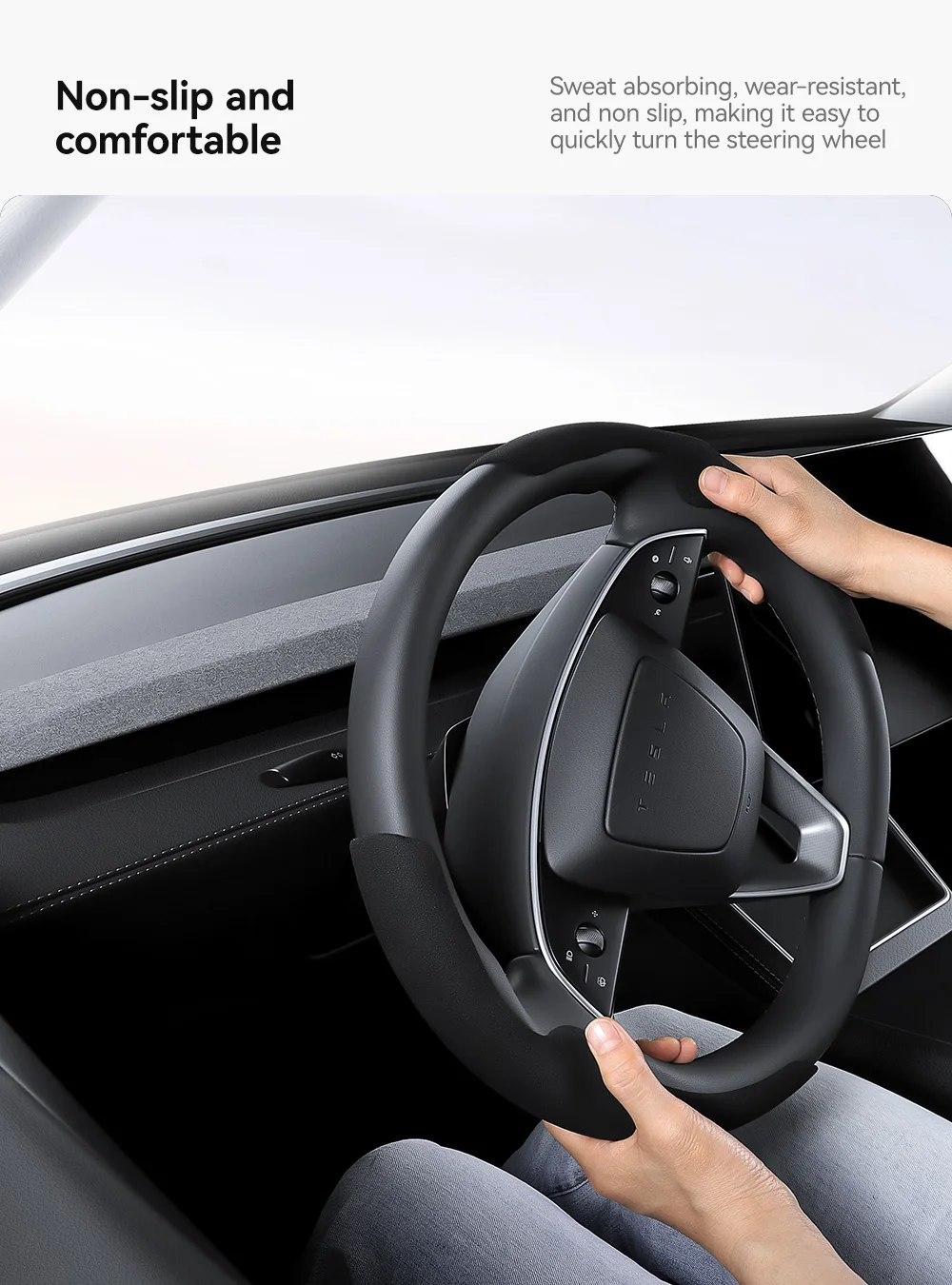 Lenkradabdeckung aus Carbonfaser-Optik, Sportlenkrad, rutschfeste Hülle, universell passend für Tesla Model 3 und Y, ideal für Autofahrten. – Detail 13