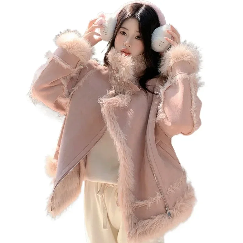 Herfst en winter Faux Suede Fleece korte jas met fleece en verdikking Nieuwe 2026 bontjas uit één stuk voor dames Warme topmode