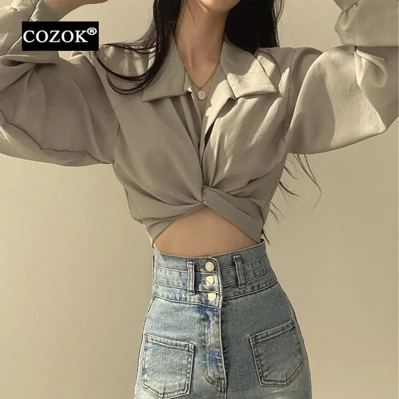 

Cozok Shirts & Blouses for Women Summer Blusas Slim Thin Traf Korean Chic All-match Casual Crop Back Lace-up Bow Long Sleeve Top