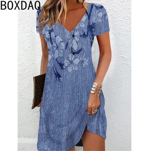 Vestido de verano para mujer, minivestido Vintage con estampado Floral, cuello en V, manga corta, informal, vestidos de vacaciones, vestido de gran tamaño