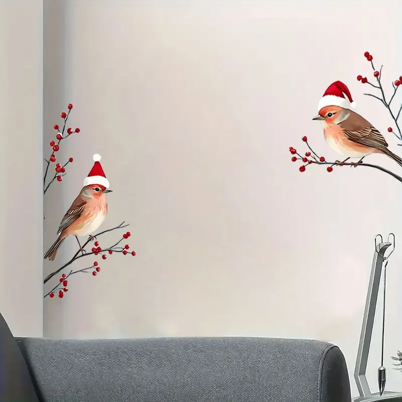 1 مجموعة عيد الميلاد فروع التوت الأحمر ثلاثة الطيور في سانتا القبعات ملصقات نافذة ذاتية اللصق جدار حفلة شارات الفينيل مهرجان ديكور