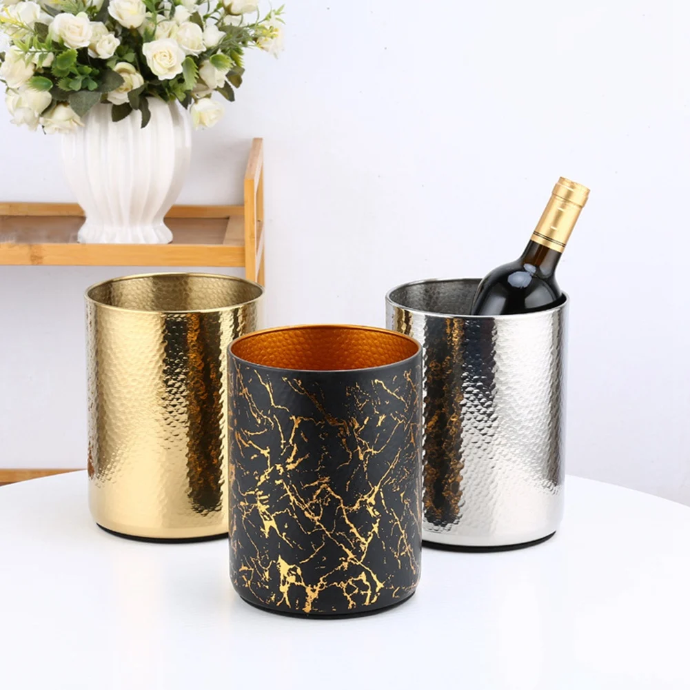 Stainless Steel Champagne Bucket Home Hammered Ice Wine Bucket KTV Wine Cooler Ice Square Bucket Beer Bucket,Black+Gold