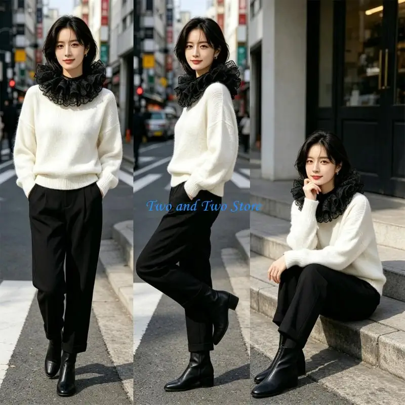 HX6F Victorian Ruffled Collar Tie Cosplay Girls Blouse Collar Lapel Shawl Decorative Lapel for Lady Medieval Cosplay
