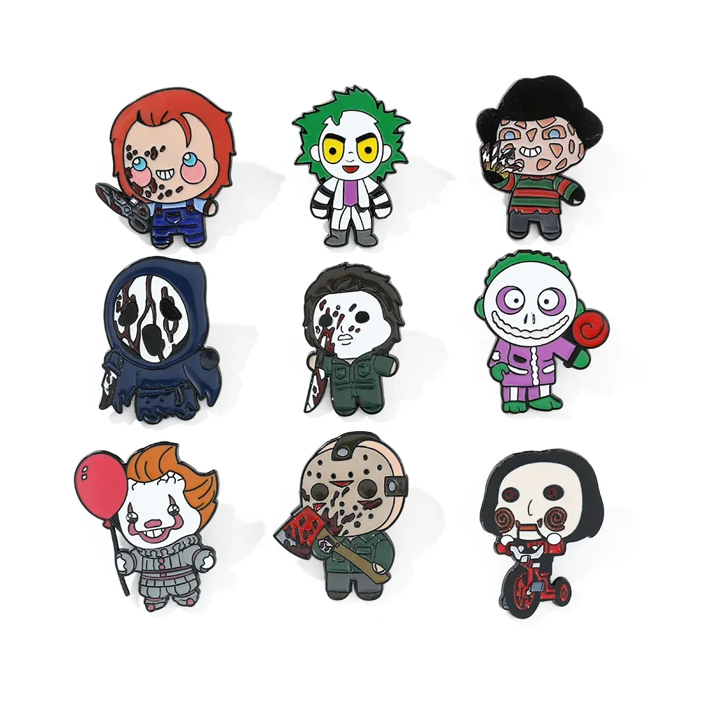 

9 Pcs Halloween Horror Killer Brooch Horror Chainsaw Male Scissors Doll Enamel Pin Metal Badge Backpack Clothing Jewelry
