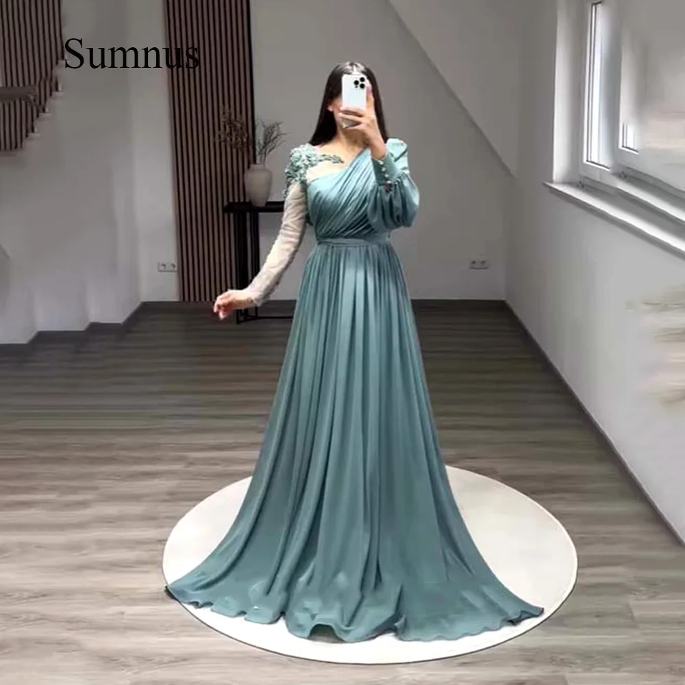 

Sumnus Sky Blue A Line Saudi Arabic Evening Dreses Beads Applique Full Sleeve Chiffon Long Dubai Wedding Party Gowns Customized