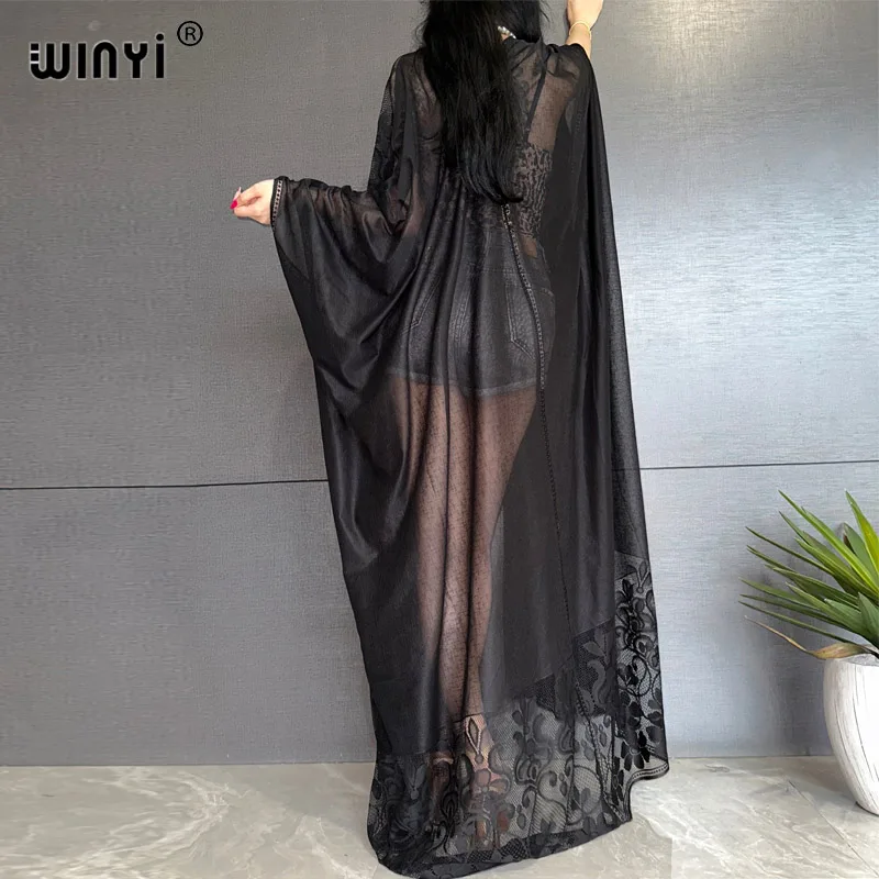 Nowe kobiety WINYI eleganckie seksowne ażurowe afrykański sweter plażowy pokrowce Maxi monocolour sukienka letnia sukienka odzież plażowa moda Kimono