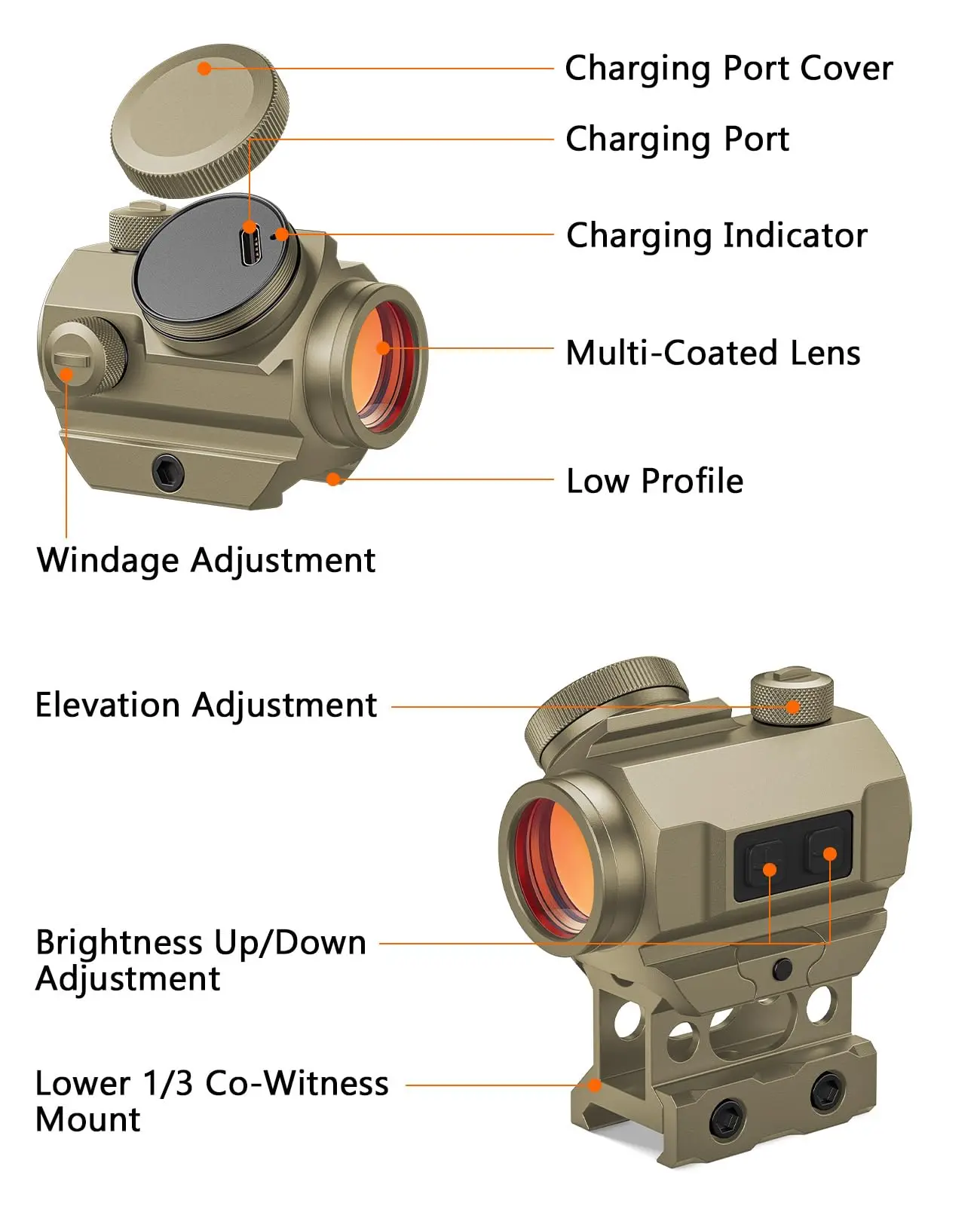 

MidTen Rifle Scope Optics Red Dot Sight 2 MOA Reflex Sight Riflescope with Lower 1/3 Co-Witness Riser Rechargeable for Picatinny