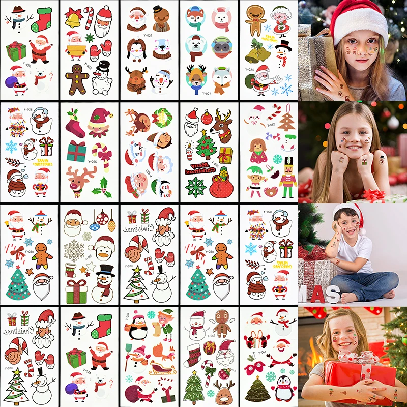 10 Sheets Christmas Luminous Tattoo Stickers Cartoon Snowman Santa Claus Waterproof Temporary Fake Face Arm Tattoos Kids Gift