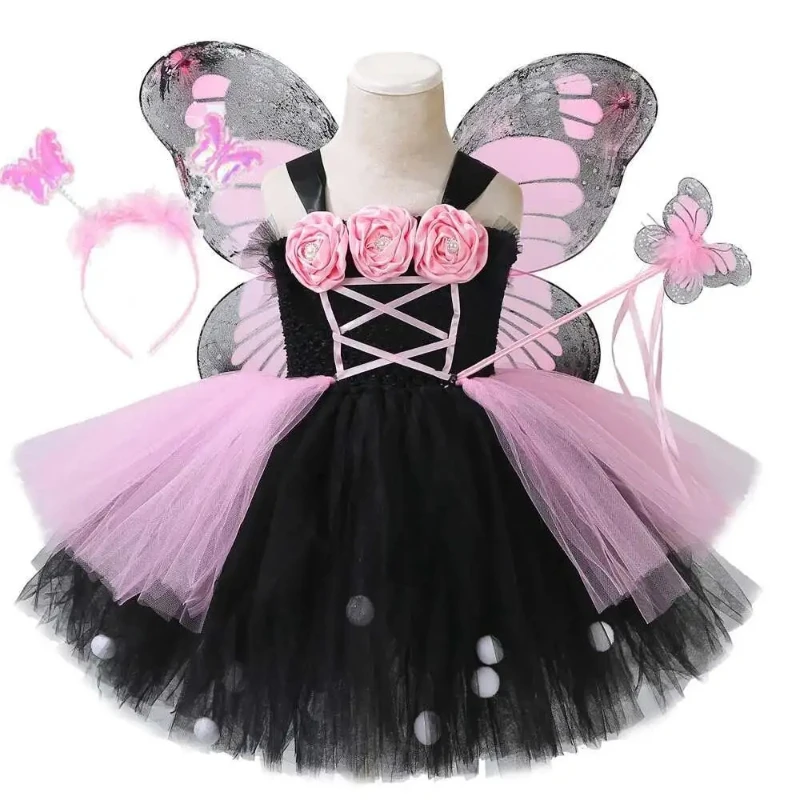 

3 Layers Monarch Butterfly Dresses for Girls Birthday Carnival Party Outfit Kids Flower Fairy Halloween Costumes with Wings Set