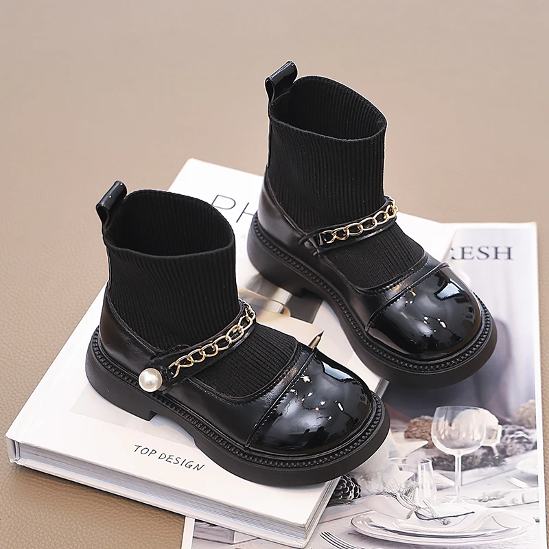 Girls Fashion Boots 2024 Autumn Winter Kids Socks Boots Children Sock Shoes Classic Metal Chains Patchwork Princess Sweet Soft