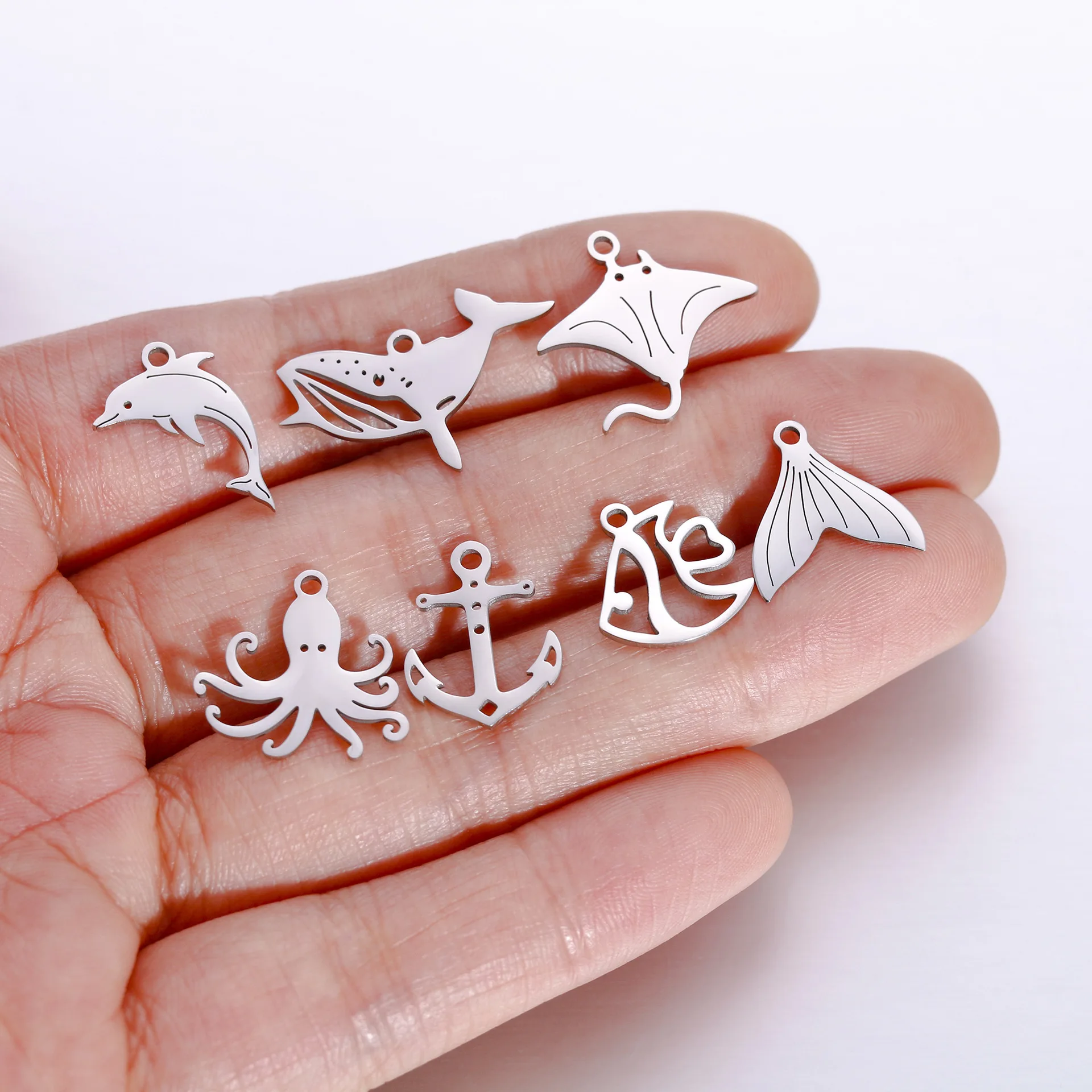 5Pc/Lot Tropical Nautical Sea Ocean Pendant Stainless Steel  Fishtail/Dolphin/Whale/Devil Fish/ Anchor Charms for Jewelry Making