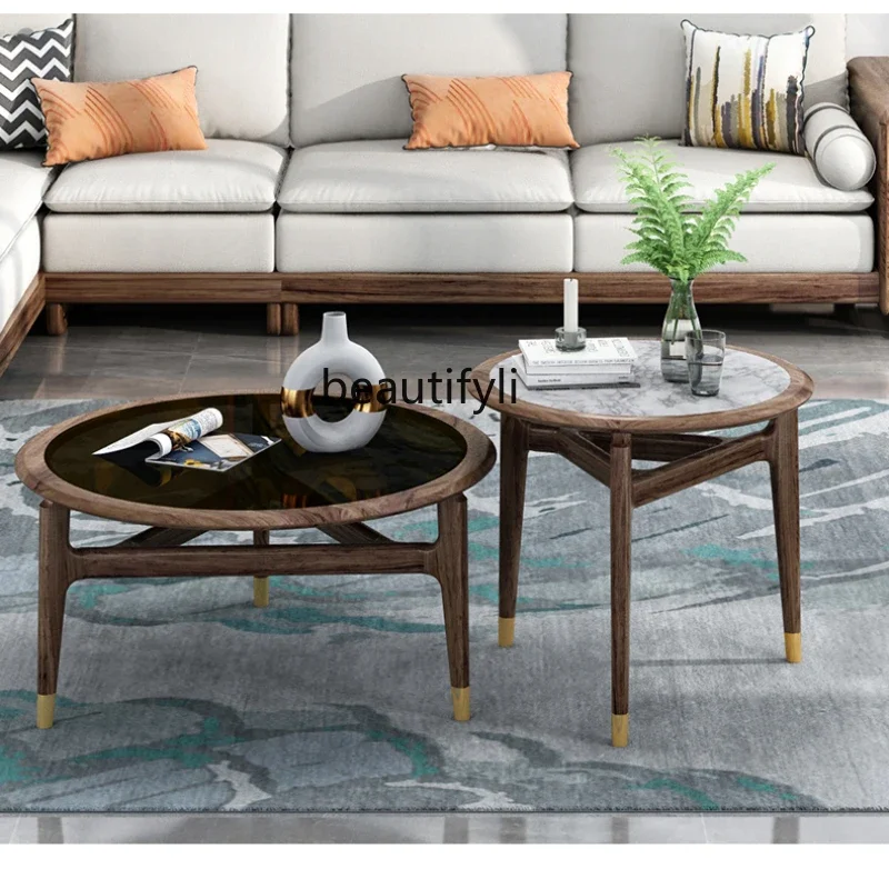 

V Solid Wood round Tea Table Combination New Chinese Style Living Room Ugyen Wood Glass Surface Modern Minimalist