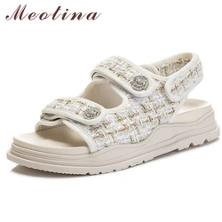 Meotina Genuine Leather Women Shoes Platform Flat Sandals Cut Out Fashion Peep Toe Ladies Footwear Spring Autumn Beige Black 40