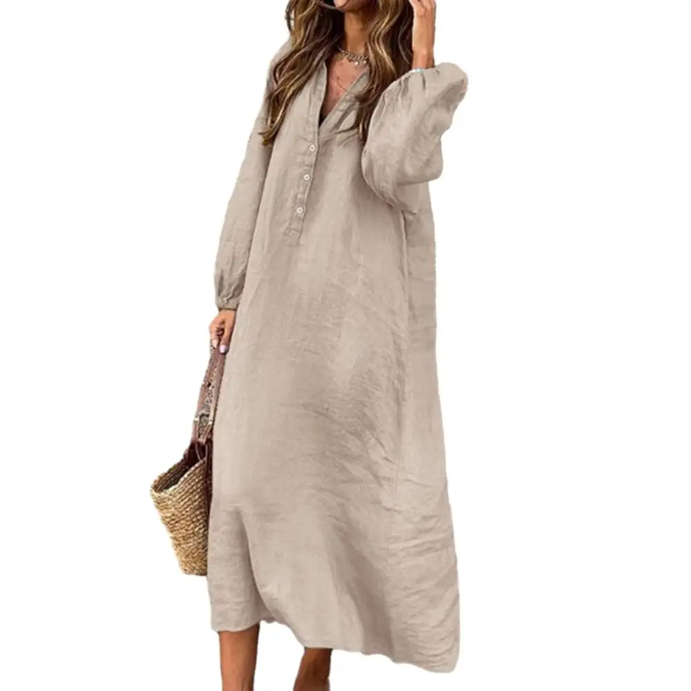 

Stylish Button-breasted Dress for Women Elegant V-neck Cotton Linen Dress with Long Sleeves Button Decoration for Summer Ladies