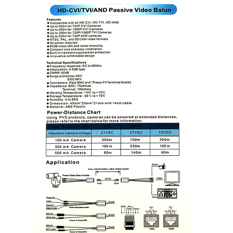 Fuente de alimentación de vídeo pasivo dos en uno, transmisor de par trenzado HD Coaxial/analógico, Cable de red RJ45 a cámara de vídeo Bnc, 1 par