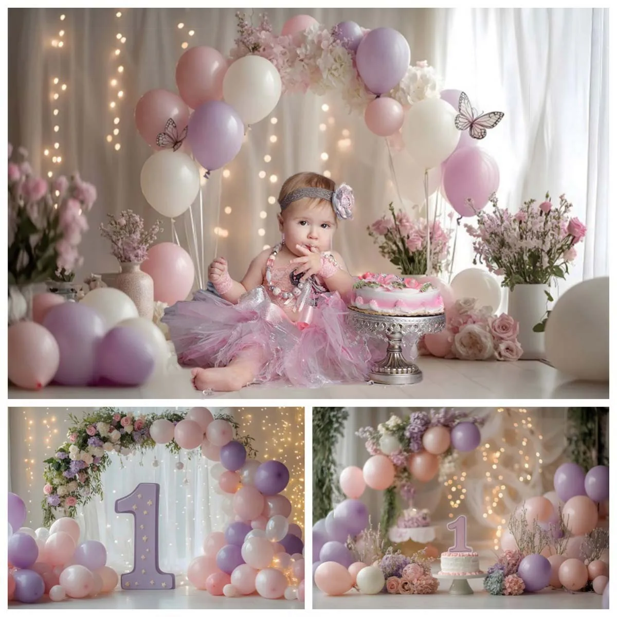 1st Birthday Photography Backdrop for Baby Girl Pink Gold Princess Theme Party Decoration Balloons Floral Photo Booth Background