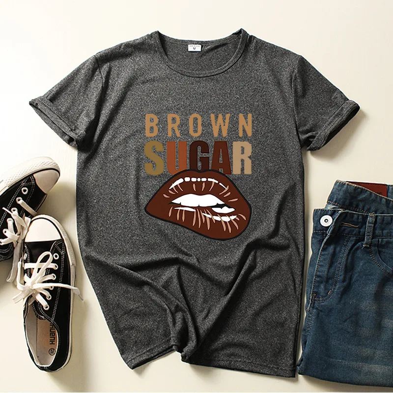 

Brown Sugar Lips Print Women T Shirt Short Sleeve O Neck Loose Women Tshirt Ladies Tee Shirt Tops Clothes Camisetas Mujer