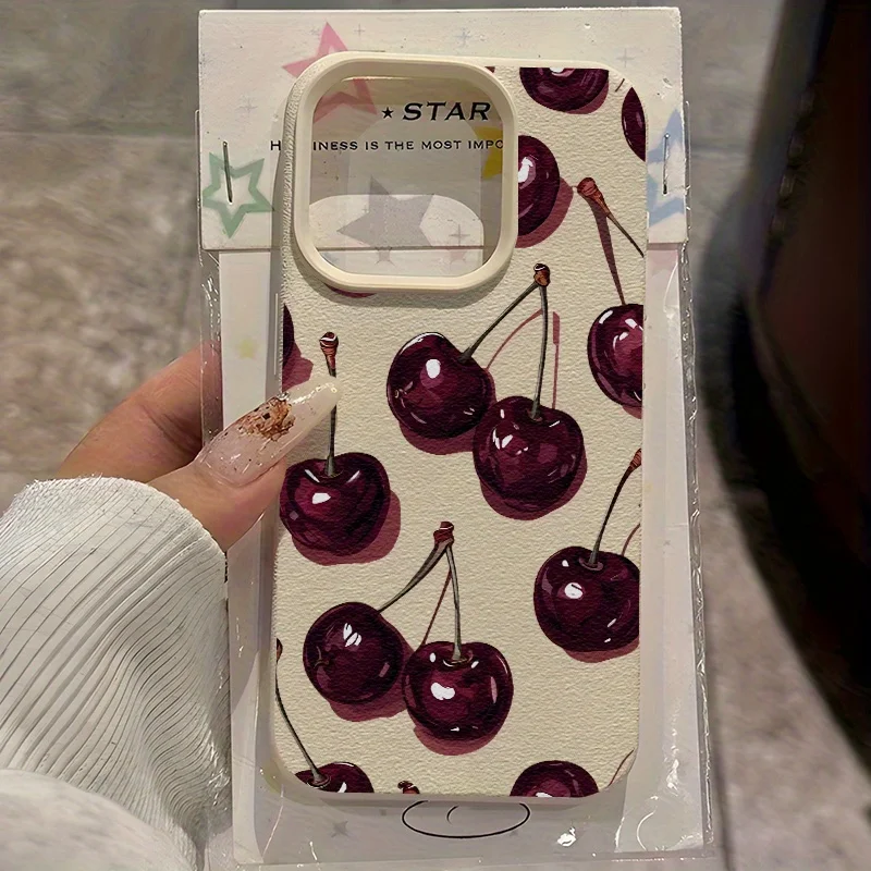 Funda Protectora para Teléfono con Textura de Cuero Estampado de Cerezas para Samsung A05S A06 A07 A15 A16 A34 A35 A53 A54 S23 S25 Ultra
