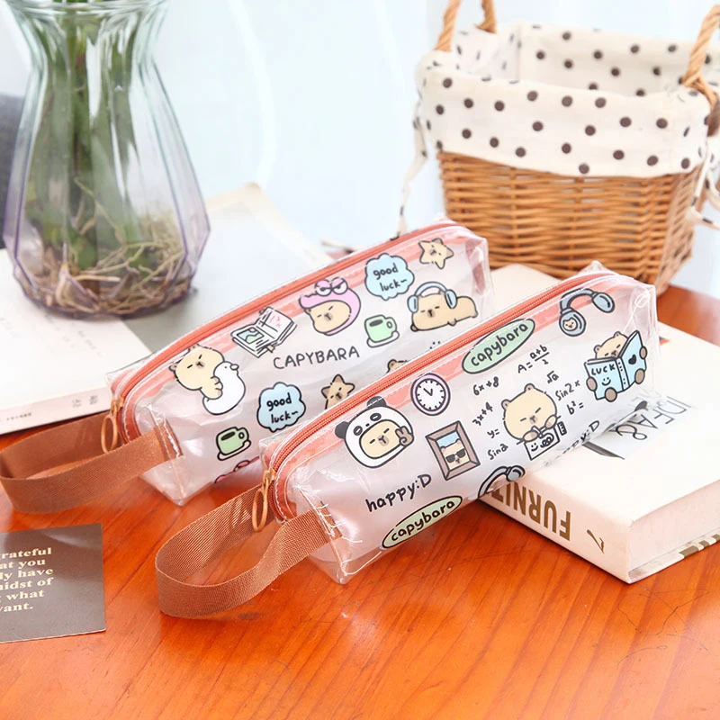 Cartoon Capybara Pen Bag Kawaii Transparent PVC Pencil Case Multifunction Waterproof Stationery Storage Pouch School Supplies