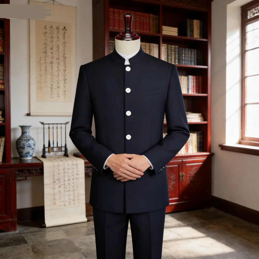 

Классический высококачественный мужской облегающий смокинг для жениха в китайском стиле с воротником-стойкой, курткой и брюками