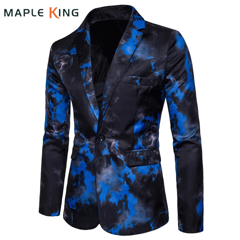 Brand Male Suit Blazer Single Button Ink Print Mens Blazer Jacket Chinese Style Flame printing Vintage Suits Luxury Formal Dress