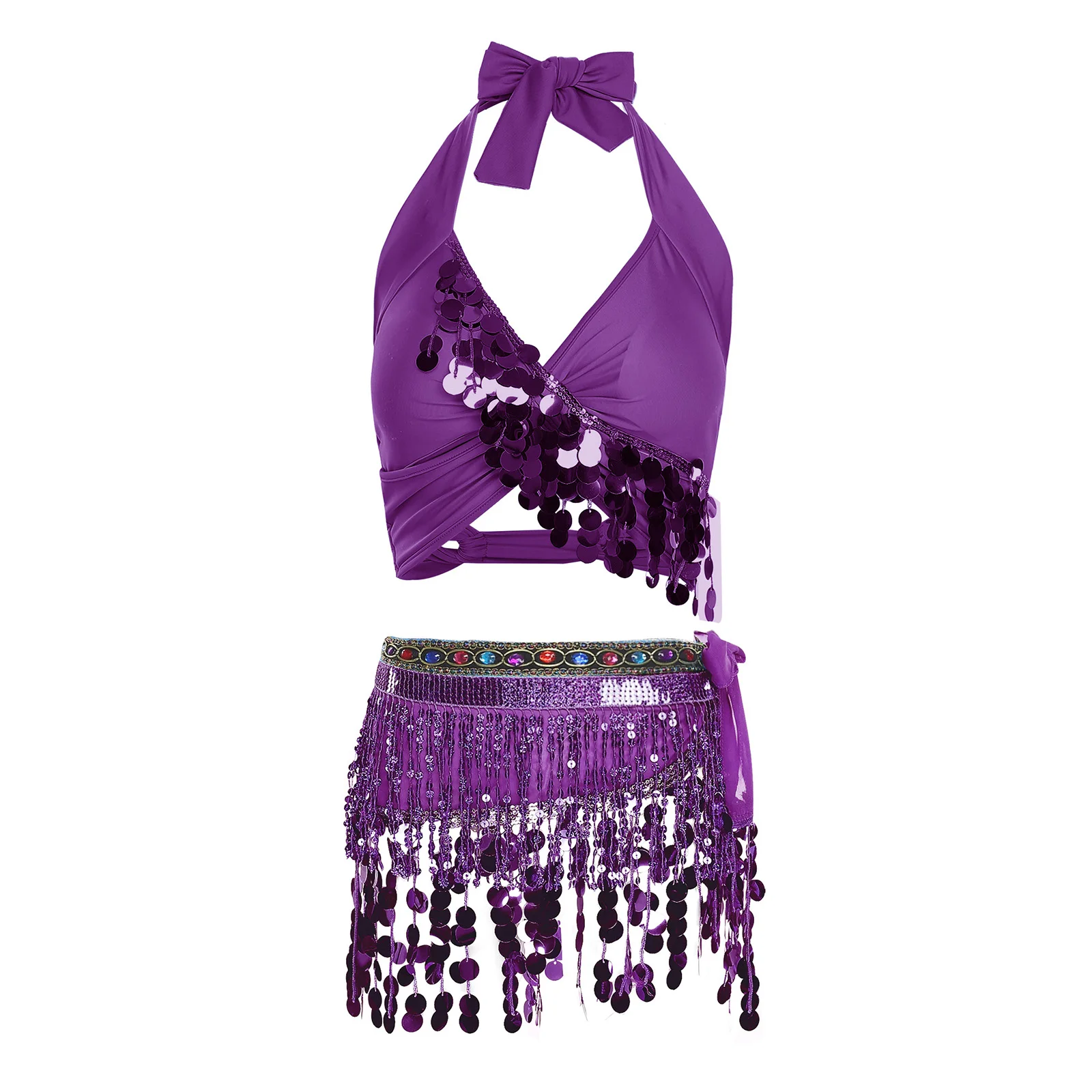Tenue de danse du ventre à paillettes scintillantes pour femmes, haut court de poitrine à col en V et écharpe de hanche à lacets en strass pour vêtements de danse latine indienne