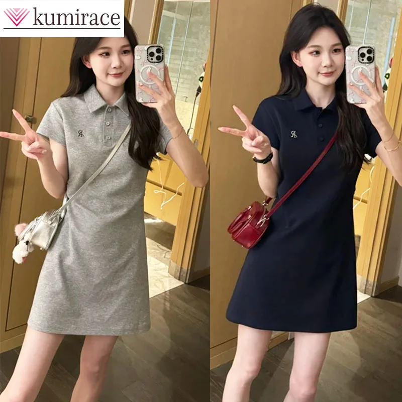 

French College Style Embroidered Polo Collar Dress for Women in Summer, Short and Waist Cinched Casual A-line Mini Skirt