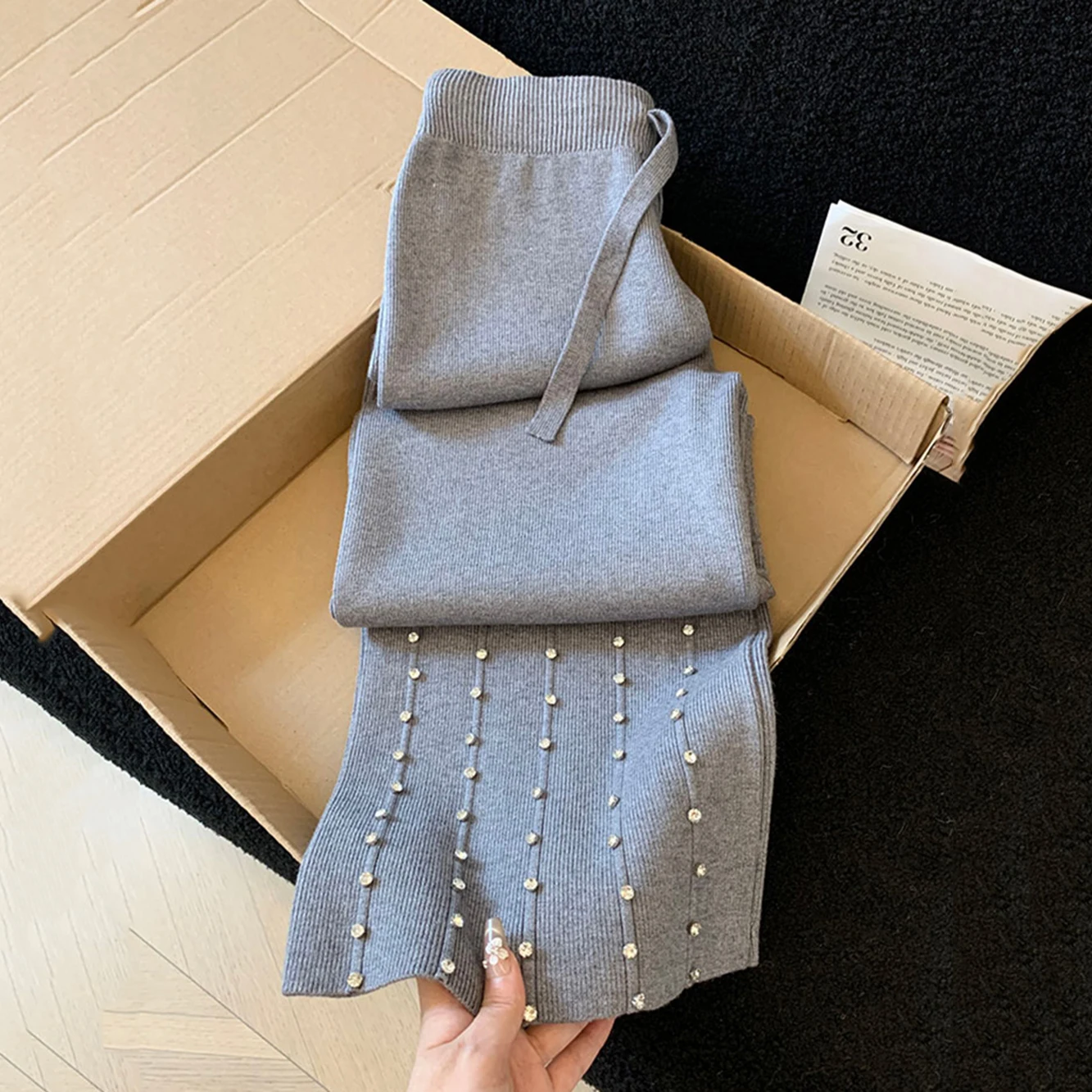 

Вязаные широкие брюки с кисточками и бриллиантами, женские осенне-зимние прямые повседневные брюки с высокой талией, элегантные брюки