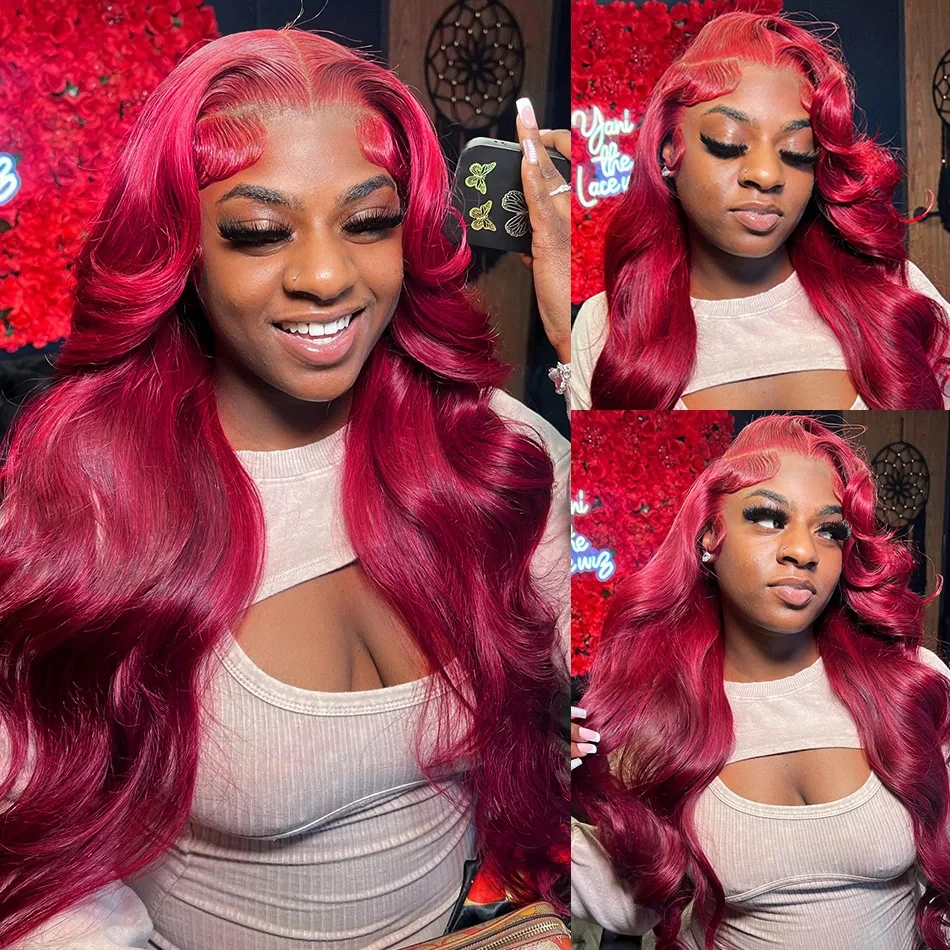 HD transparan Burgundy Body Wave 13x6 renda Frontal Wig Brazilian 13x4 warna depan 100% Remy rambut manusia Wig untuk pilihan wanita