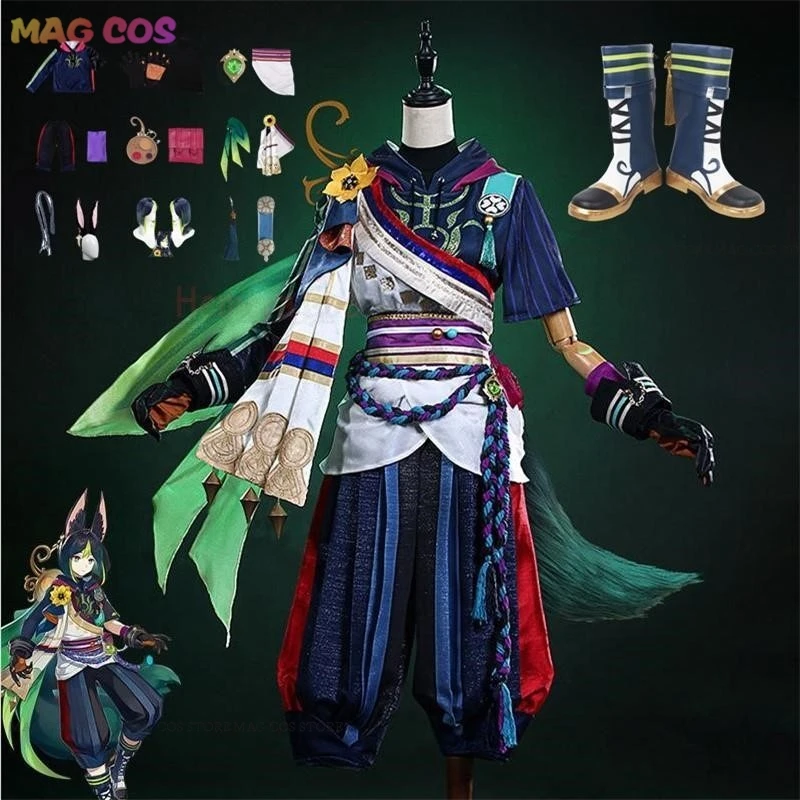 Jeu Impact Tighnari Cosplay Costume, perruque, chaussures à cheveux, Isabel Tighnari, queue de tibia, olympiques avec oreilles, accessoires de cosplay, trempés, femmes, hommes