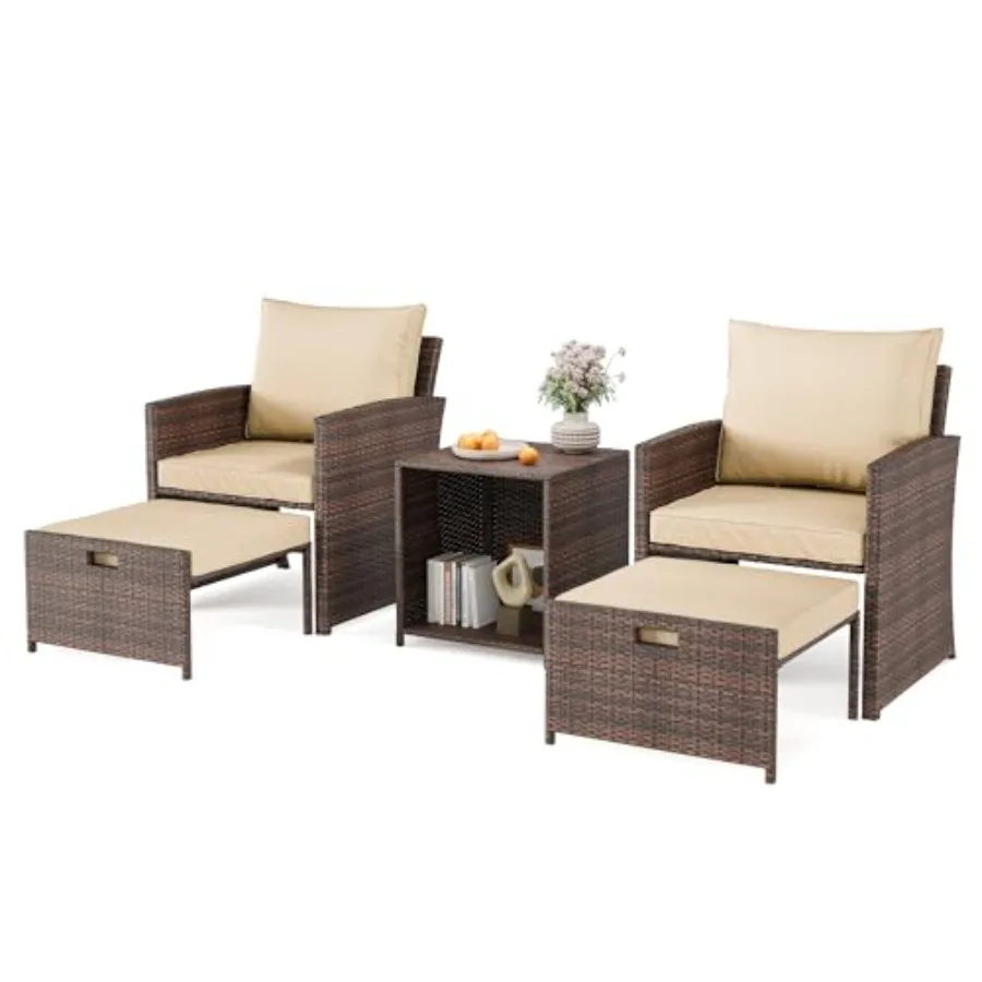 

5Piece High Back Patio Conversation Set with 2 Ottomans and Table Featuring AllWeather PE Rattan Lounge Chairs with Soft Cushio