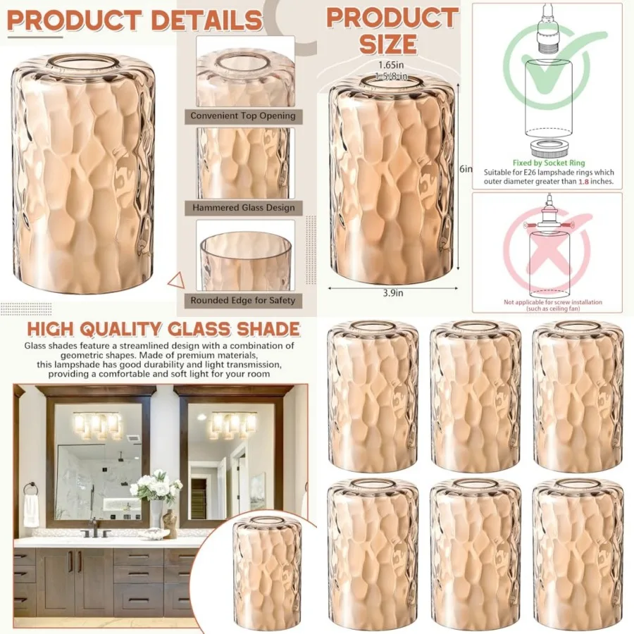 Pcs Glass Shade Replacements for Pendant Light Fixtures Glass Lamp Shade Cover, 1-5/ Inch Fitter E2 Base, 4