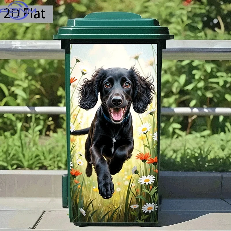 1pc of Trash Can Sticker Measuring × inch Featuring a Design of a Black Dog Jumping Through Flowers, Suitable for Decorating T