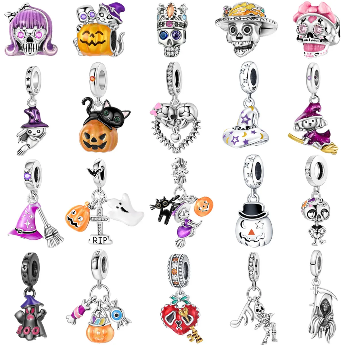 

Original 925 Sterling Silver Halloween Witch Skull Pumpkin Ghost Charms Beads for Original DIY Bracelet Women Jewellery Gift