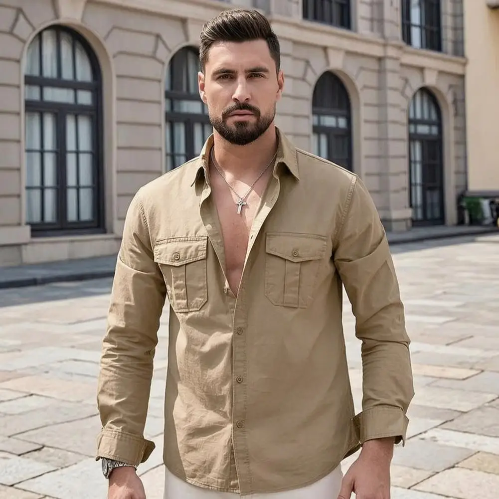 Men's Long Sleeve Button Down Shirt, Casual Lapel Shirt with Chest Pockets, Regular Fit Lightweight Loose Shirt for Daily Office