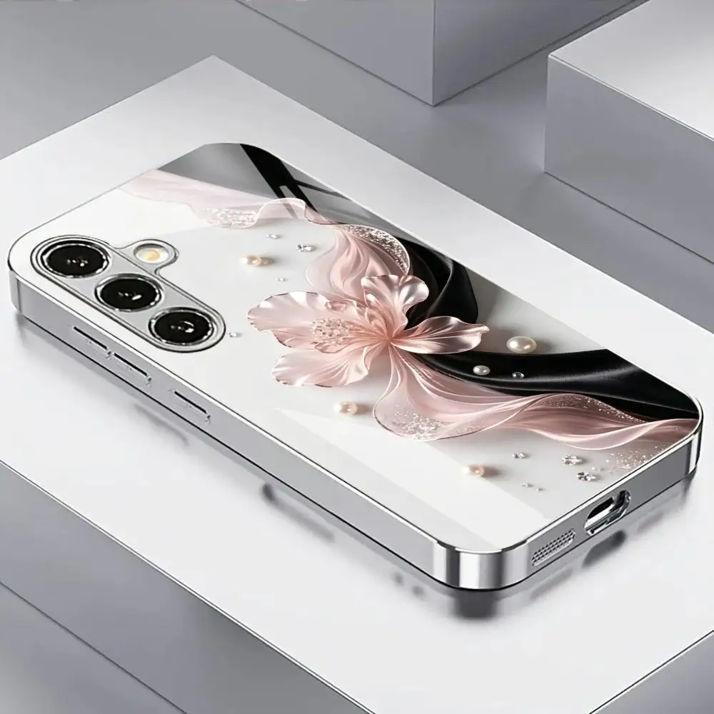 Flower realistic gradient glass phone case suitable for Samsung GalaxyS26 S25 S24 S23 S22 S20FE/Ultra/Plus shockproof back cover