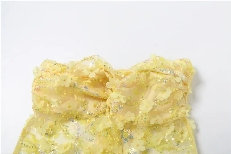 Patchwork Strapless Women Tanks Solid Pleated See Through Cross Sequins Splice Crop Vests Female Sexy Sweat Summer Tops