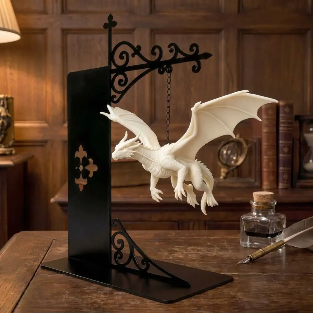 Fantasy Dragon Bookshelf Lamp Warm LED Retro Style Dragon Bookend Light Iron Stand Gothic Library Bookshelf Lamp Reading Nook