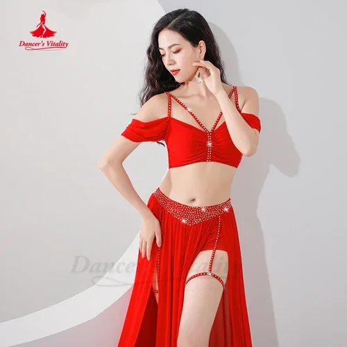 Imagen 2 del producto Traje profesional de danza del vientre para mujer, Top de manga corta de malla + falda larga dividida sexy, traje de danza del vientre Oriental para niña de 2 uds.