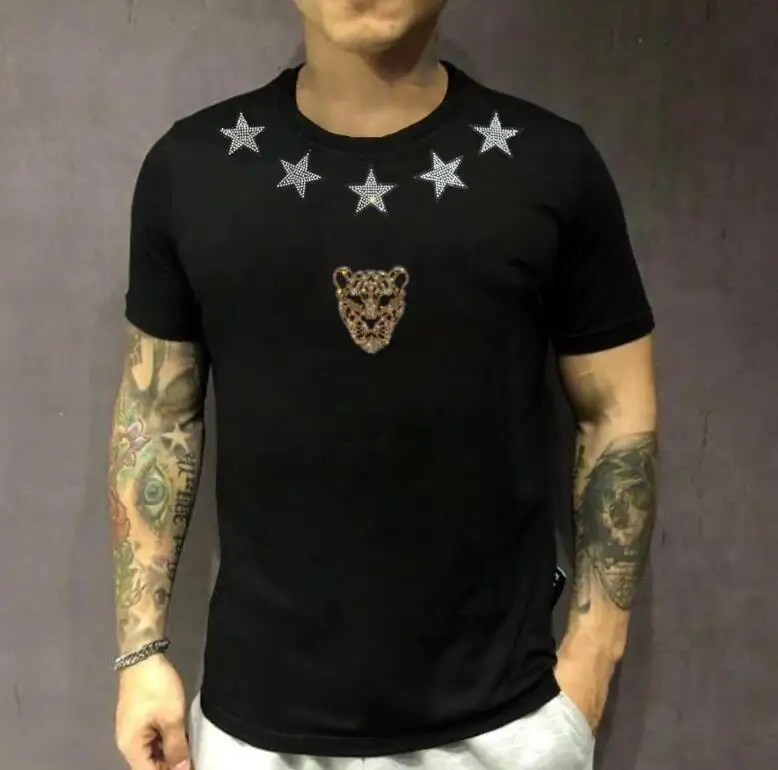 Men's Rhinestone Design O-Neck Novel T-shirt Casual Tees Tshirts For Summer Men's Clothing Tops