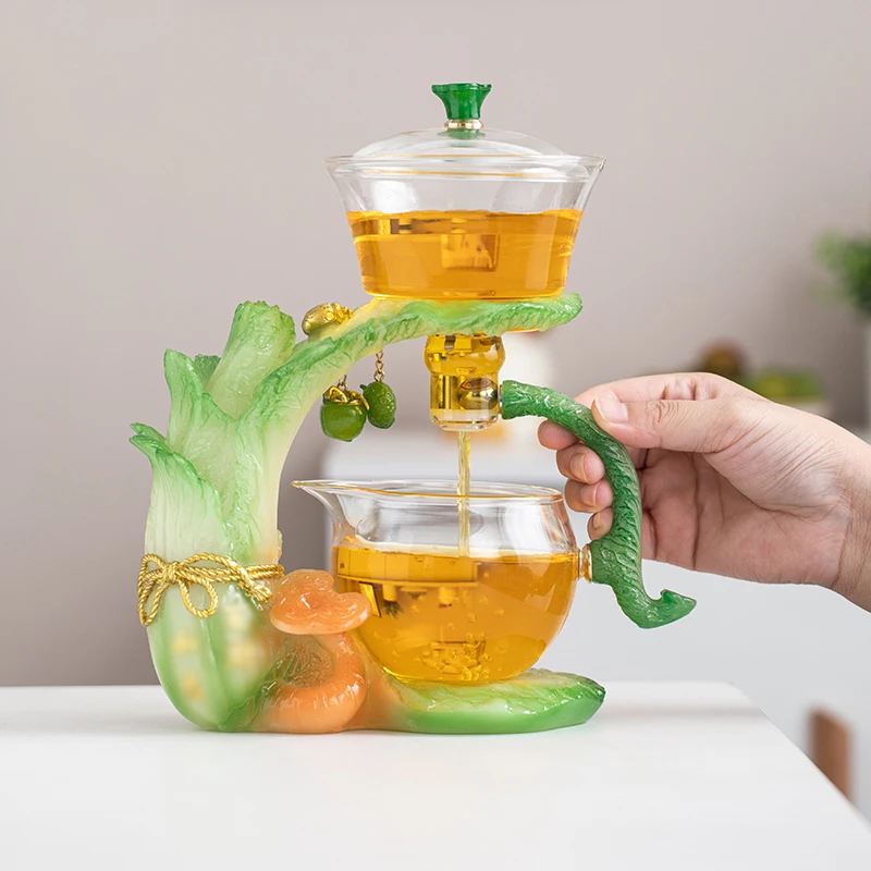1 Set of Magnetic Lazy Tea Set - Creative Cabbage Shape, Automatic Glass Teapot, Tea Cup, Tea Can, Tea Tray, Chinese Kung Fu Tea