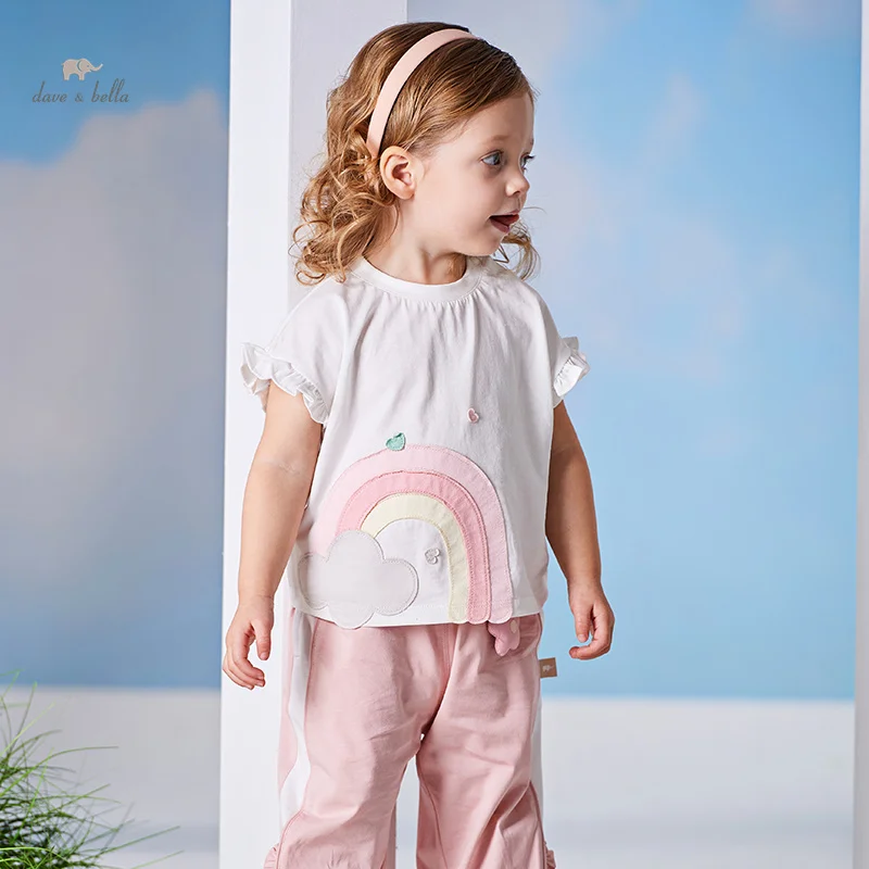 Dave Bella 2024 New Summer Girl's Baby T-Shirt Children Thin Top Cotton Short Sleeves Casual Fashion Sport Undershirt DB2240564