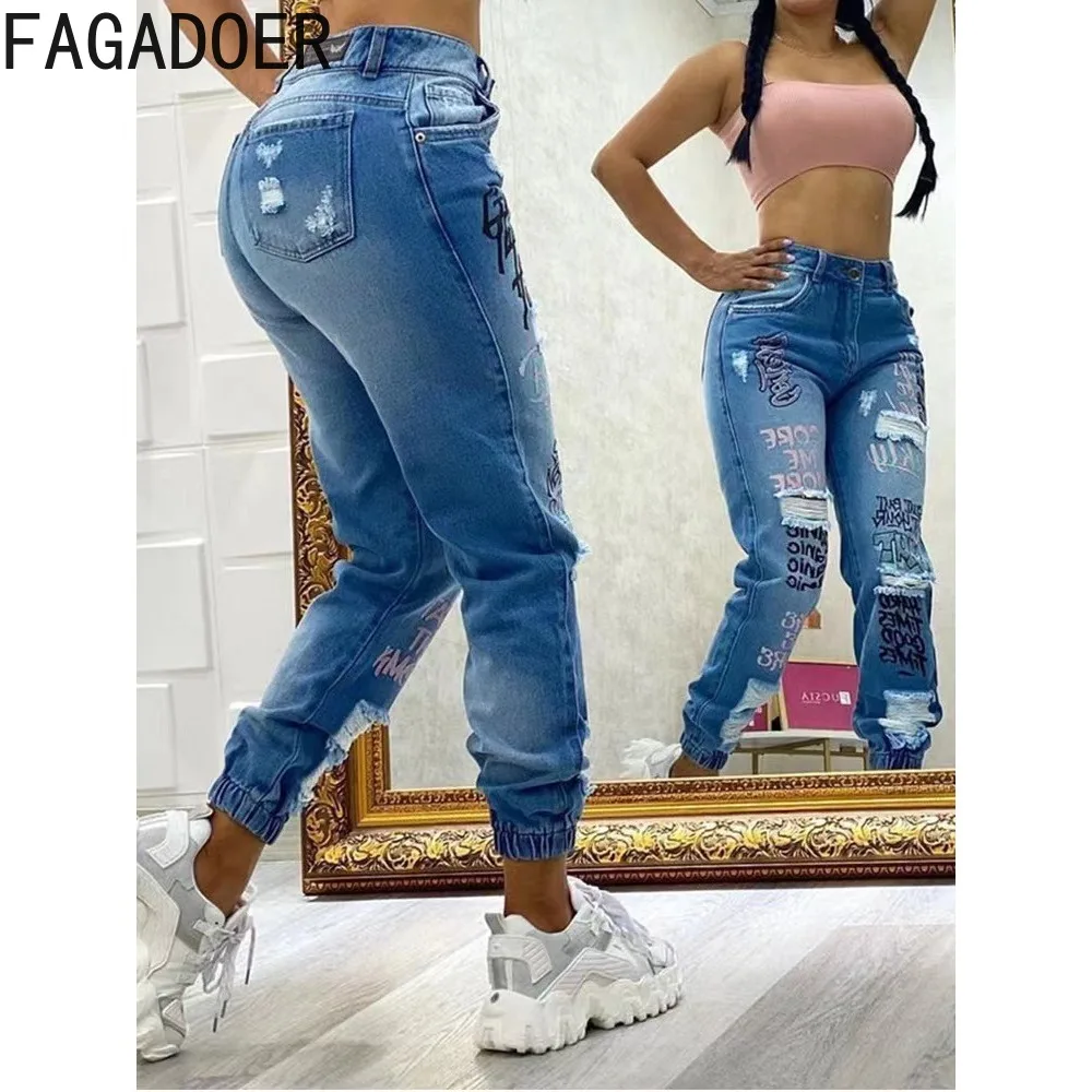 Imagem -02 - Fagadoer-calças Jeans com Letras Estampadas para Mulheres Cintura Alta Calças de Botão Jeans Combinando Moda Casual Feminina Outono