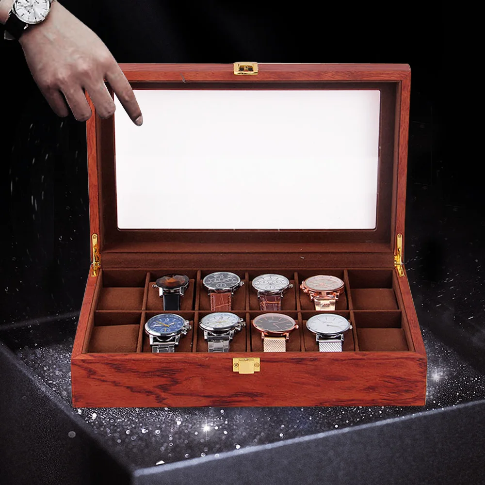 LOYALHEARTDY 12 Slots Watch Box Watch Case Elegant Wooden Storage Box with Glass Window Jewellery Display Box Organizer